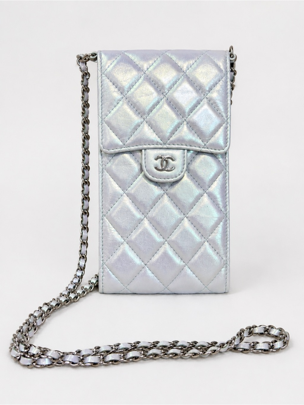 CHANEL Iridescent Quilted Silver Chain Phone Crossbody